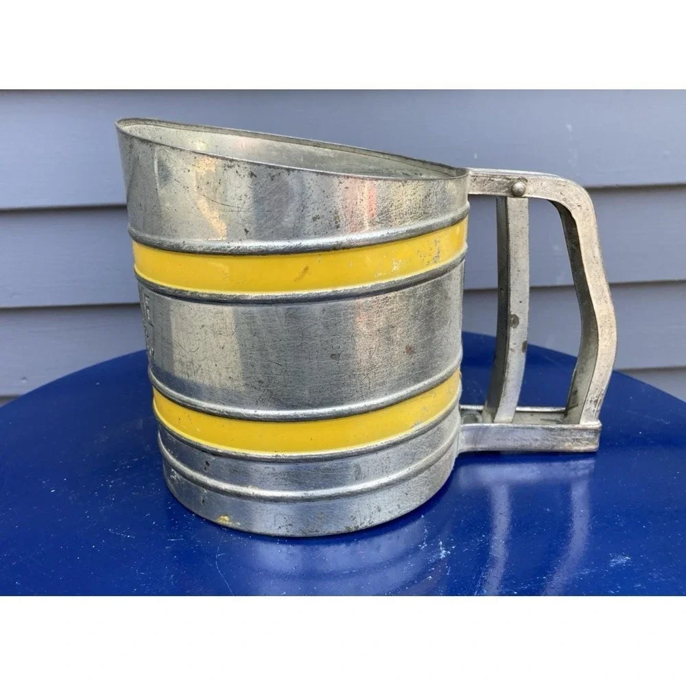 Vintage farmhouse kitchen steel Foley Sift-Chine sifter butter yellow bands